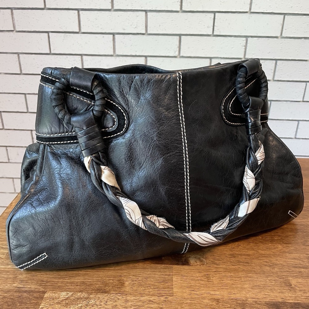 Francesco Biasia Vintage Black Leather Hobo Bag Braided Silk Strap Italian Y2K